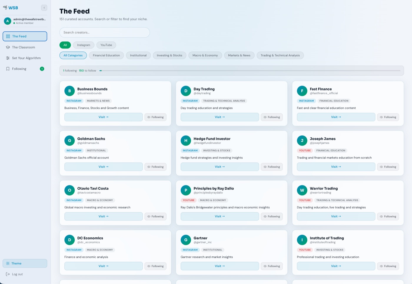 The Feed dashboard: curated Instagram and YouTube accounts, searchable by category