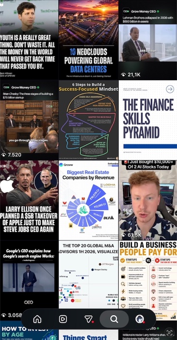 Wall Street Bundle feed screenshot: startup and wealth-building lesson posts