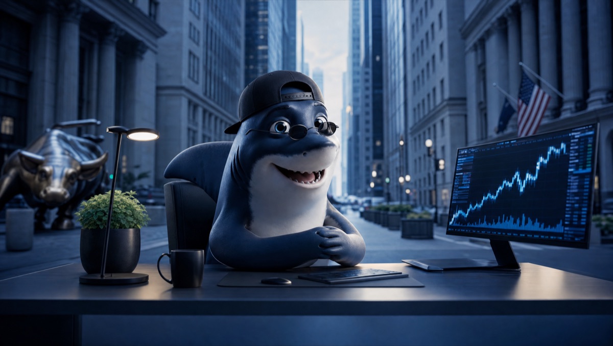 Sharky, the Wall Street Bundle mascot, at his desk on Wall Street watching the markets